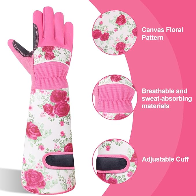 DLY Gardening Gloves for Women, Rose Gloves Gardening Thorn Proof, Long Garden Gloves for Women, Breathable & Durable Leather Gauntlet (Medium, Rose Red)