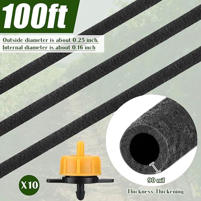 Sasylvia 1/4 in Drip Irrigation Tubing Soaker Hose System with 2GPH Drip Irrigation Emitters, Porous Drip Line Irrigation for Vegetable Garden Beds, Planters, Flower(10 Pcs,100ft)