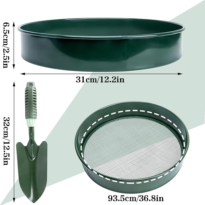 Soil Sifter - Garden Soil Sifter, Stainless Steel Riddle Sieve Set Garden Potting Sieve, with 5 Interchangeable Filter Mesh Sizes 3,6,9,12mm and Shovel, for Rocks, Dirt, Compost and Potting Soil