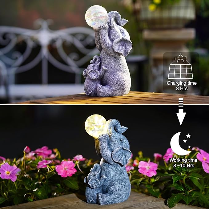 Goodeco Solar Elephant Statue - Outdoor Decor with LED Lights - Grey Resin - Ideal Gift for Elephant Lovers & Garden Enthusiasts