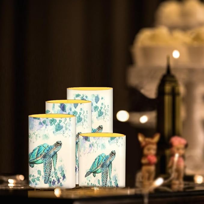 Flameless LED Candles Electric Candle Set with Remote Timer Color Changing Control Long Lasting for Table Centerpiece Home Indoor Decoration Pack of 4, Blue Sea Turtle