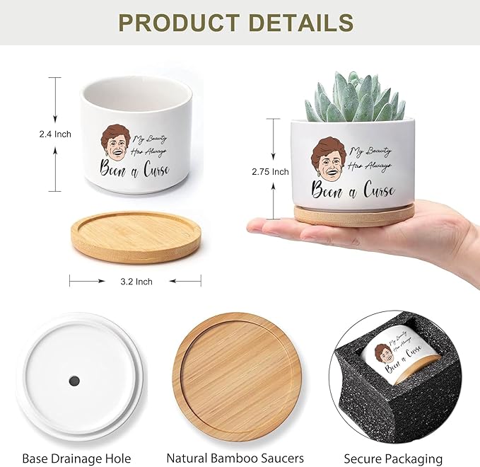 Funny Succulent Pots Set of 4 - Golden Inspired Merchandise Ceramic Mini Plant Pot with Bamboo Tray, Cute Planter for Indoor Decorations, Gifts for Women