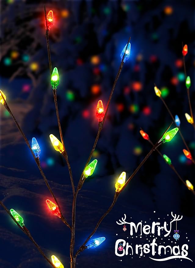 Brightown LED Twig Lights, 2 Sets Total 8 Packs Lighted Branches for Vases Plug in, C6 Driveway Christmas Lights, Outdoor Christmas Stems Outdoor Decorations Yard, Multicolor