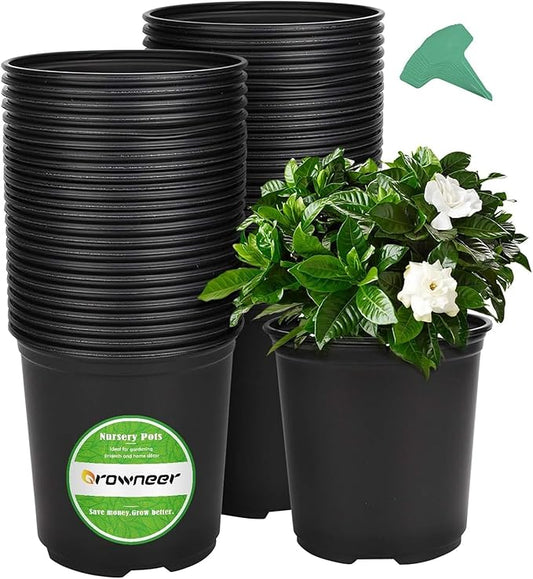 GROWNEER 48 Set 6" 1 Gallon for Plants Flexible Nursery Pot with Drainage Hole and 15 Pcs Plant Labels, Flower Plant Container for Indoor Outdoor, Seedlings, Vegetables, Succulents, Black