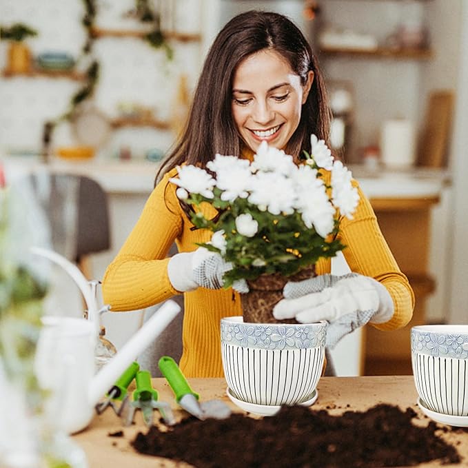 Ceramic Plant Pots Set of 3, 6.75/5.6/4.2 inch Planters with Drainage Holes and Saucer, Flower Pots Outdoor Indoor, Modern Decorative Planters for House Plants Garden Planters Succulent Pots
