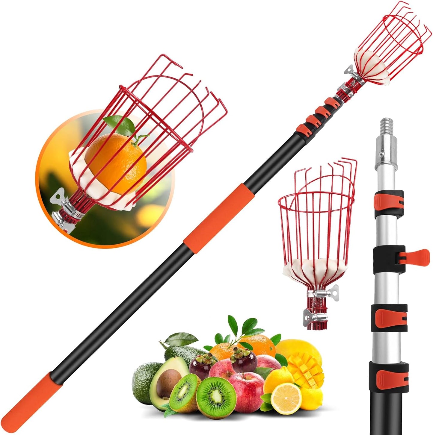 26FT Reach Fruit Picker Pole with Basket Telescoping,Apple Picker Pole with Basket,Lightweight Aluminum Pole Fruit Catcher for Trees,Orange Picker Suit for,Pear,Lemon,Mango,Guava,Avocados