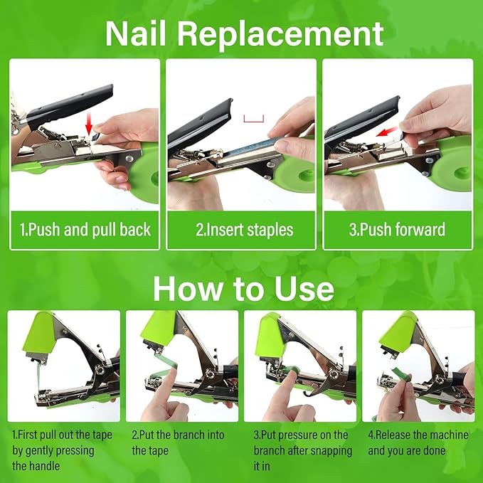 Plant Tying Machine Garden Vine Tying Tape Tool Plant Binding Machines Plant Tape Gun Plant Binder Agriculture Tapetool with 10000 PCS Staples and 20 Rolls Green Tape for Tomato Grape Pepper