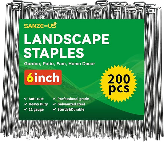 6 Inch Galvanized Landscape Staples, 200 Pack 10 Gauge Garden Stakes Plant, Hot-dip U-Shaped Tent Stakes Cover Stakes for Sod Anchoring Landscape Fabric Irrigation Tubing