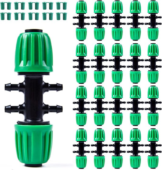 Kalolary 20PCS Barbed Tee 1/2" to 1/4" Drip Irrigation Fittings, Anti-Drop Barbed Hose Parts Connectors for 12mm/16mm to 4mm/7mm Drip Systems 6 Way Adapter（Green）