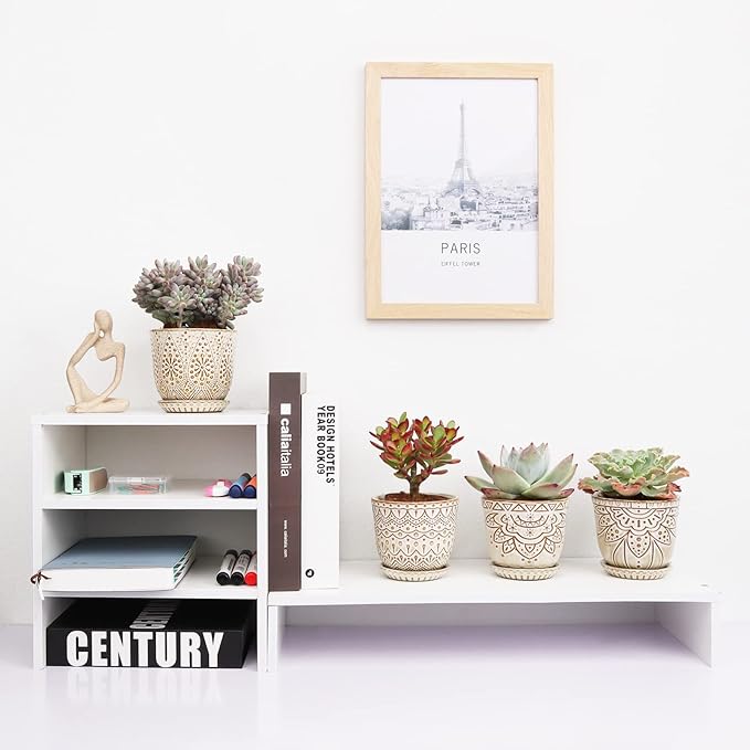 Gepege Succulent Pots, 4 Inch Small Indoor Ceramic Planter Pot with Drainage Holes and Saucers for Plants- Creamy White - Set of 4