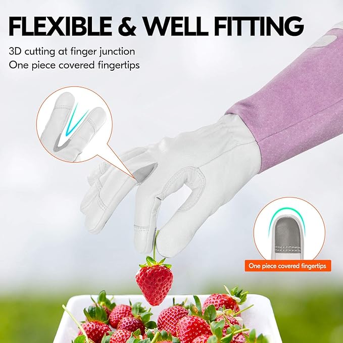 Vgo... 1-Pair Premium Genuine Goat Leather Extra-Long Cuff Thornproof Gardening Gloves (Size S, Pink White, GA1013)