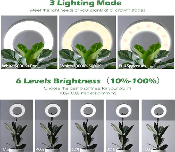 Grow Light, LED Floor Grow Lights for Indoor Plants, Full Spectrum Plant Growing Lamp for Large Plants, Auto ON/Off Timer, 6 Dimmable Levels, 3 Switch Mode, 63 inches Adjustable Height, White