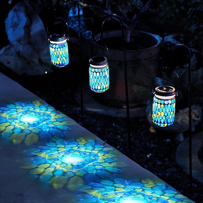Cooo 4 Pack Mosaic Solar Lanterns Outdoor Waterproof Jar Lights Solar Powered, Hand Paste 141 Crystal Mosaics Table Hanging Garden Backyard Decor Lamps （Just a Little More, Get Double The Deligh