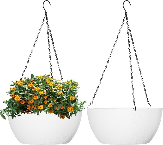 10 inch Hanging Planters for Outdoor Indoor Plants with Drainage Holes and Chain, 2 Pack Round Hanging Flower Plant Pots for Garden Home Porch Decor, White