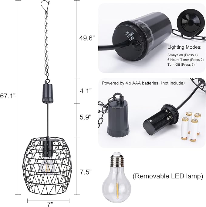 pearlstar Battery Operated Outdoor Hanging Light — Outdoor Indoor Pendant Chandelier Waterproof Porch Gazebo Patio Pendant Lantern Chandelier Lighting