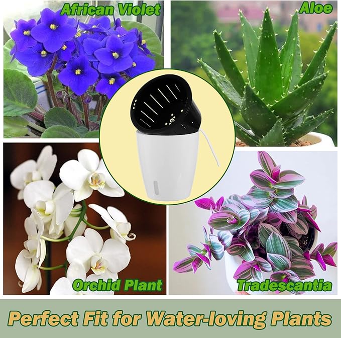 Planterhoma 5 Inch Self Watering Pots for Indoor Plants, 10 Packs White African Violet Pots with Water Indicator and Black Wick Pots, Self Watering Planters for Devil's Ivy, Indoor Plant Pots