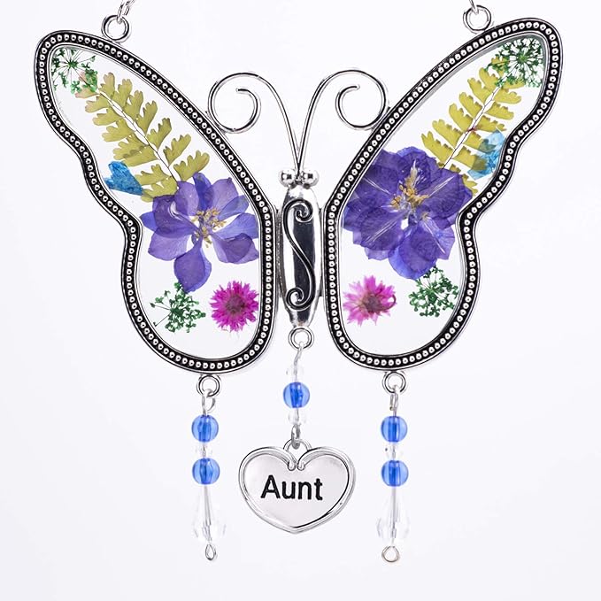 Laraine Butterfly Suncatcher with Pressed Flower Wings Mom Mother's Day Butterfly Glass Wind Chime Ornament Charm with Metal Heart Gifts for Mom Grandma Aunt Birthday (Purple Aunt (with Free Hook))