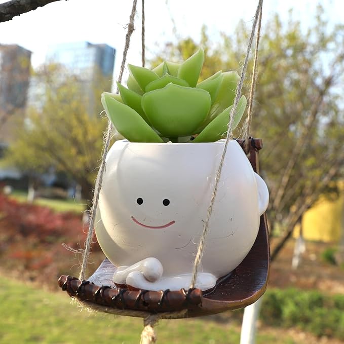 Small Swing Face Hanging Planter Pot for Indoor Outdoor Plants, Cute Swinging Plant Pot, Face Planter Pot Head, Hanging Flower Pots, Resin Succulent Planter, Valentines Day Gifts for Her