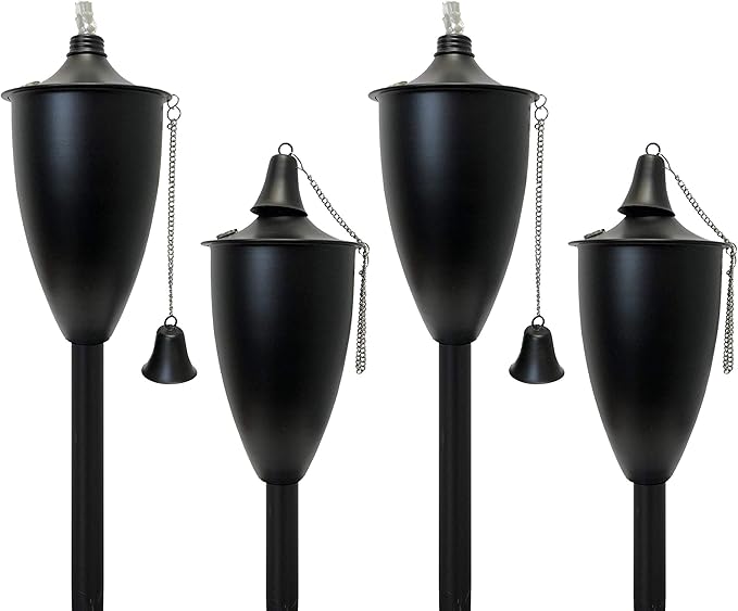 Set of 4, Elegant Premium Metal Torch, 53" Tall- Tiki Style/w Snuffer, Fiberglass Wick & Large 20oz Oil Lamp, Patio Decorations Outdoor (Large Smooth Black)