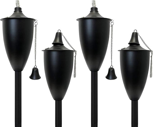 Set of 4, Elegant Premium Metal Torch, 53" Tall- Tiki Style/w Snuffer, Fiberglass Wick & Large 20oz Oil Lamp, Patio Decorations Outdoor (Large Smooth Black)