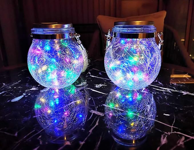 2 Pack Hanging Solar Powered LED Lights,Cracked Glass Ball Light, Waterproof Outdoor Christmas Decorative Lantern for Garden, Yard, Patio, Lawn (Colorful)