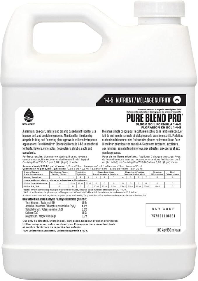 Botanicare Pure Blend Pro Bloom Soil, Nutrient for Fruit and Flowers, 1-4-5, 1 qt.