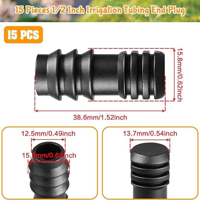 1/2" Drip Irrigation End Plug：13mm ID Barbed End Cap Irrigation Fittings for 1/2 Inch Irrigation Tubing (0.520"ID-0.640" OD) Drip Line Goof Plug Connector for Garden Irrigation System（15 Pack）