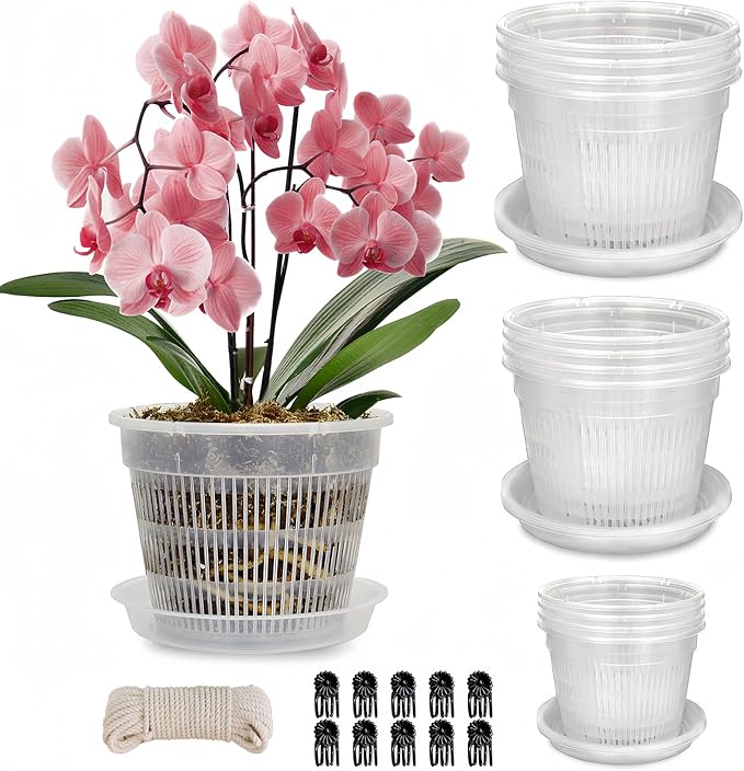 12 Pack Orchid Pot with Saucers, 4 Each of 4.5in, 5.5in and 6.3in Orchid Pots for Repotting, Clear Orchid Pots with Holes, Plastic Flower Plant Pot