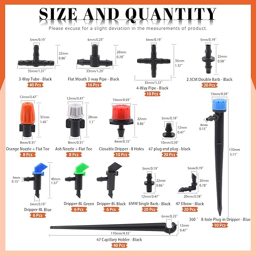 Tanstic 240Pcs Barbed Connectors Drip Irrigation Fittings Kit, Including Single Barbs, Straight Barbs, Tees, Switch Valve, Elbows, End Plug, Hose Stakes, 4-Way Coupling for Sprinkler Drip Systems
