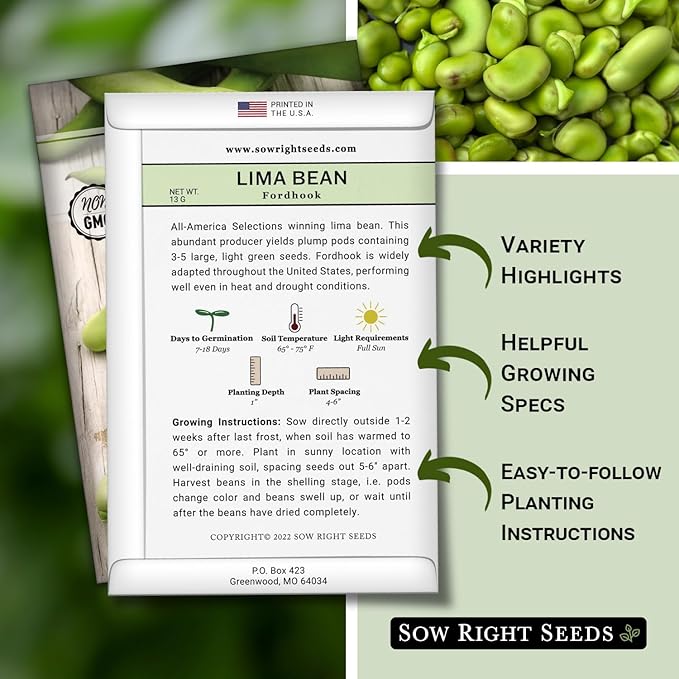 Sow Right Seeds - Fordhook Lima Bush Bean Seeds for Planting - Non-GMO Heirloom Packet with Instructions to Plant an Outdoor Home Vegetable Garden - Stringless Variety - Protein Packed Bush Bean (1)