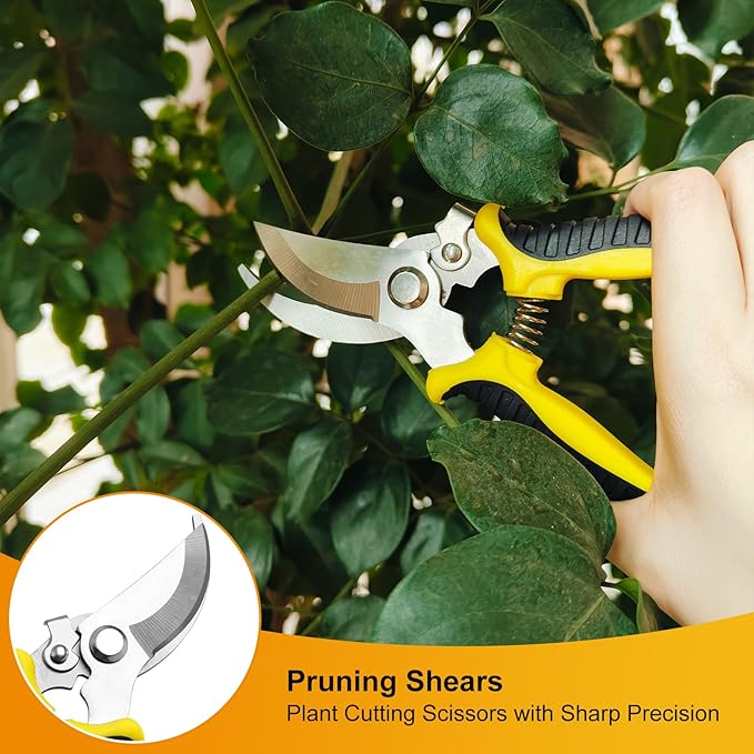 Garden Tools Set, 5 Pcs Gardening Tools with Non-Slip Rubber Grip, Including Transplanting Spade, Trowel, Cultivator, Pruner and Gardening Gloves, Ideal Garden Kit Gifts for Parents and Kids