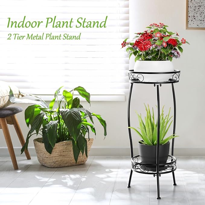 H HOMEXIN Plant Stand Indoor Outdoor, 2 Tier Tall Metal Plant stand 27 " Plant Holder Rack Heavy Duty Rustproof Decorative Plant Shelf for Corner Garden Balcony Patio Lawn office