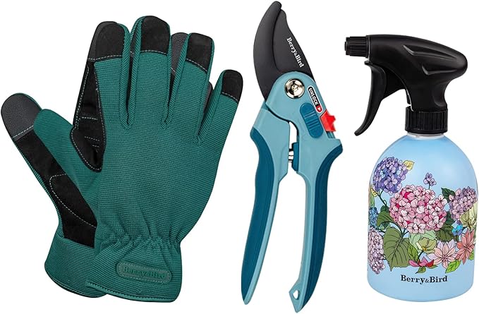 Berry&Bird 3PCS Garden Pruning Tool Set, Garden Hand Tool Kit with Bypass Pruning Shears, Gloves, Water Sprayer, Garden Tool Set for Picking, Cutting, Planting, Ideal Garden Gift Set for Women and Men