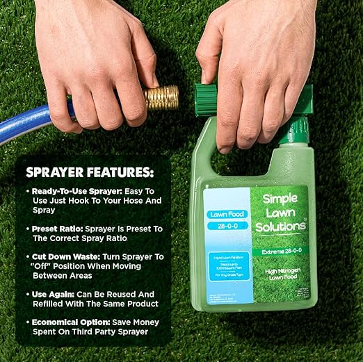 Maximum Green & Growth Fertilizer High Nitrogen 28-0-0 Liquid Lawn Food Spray Spring & Summer- Any Grass Type- Simple Lawn Solutions - Concentrated Quick & Slow Release Attached Sprayer (32 Ounce)