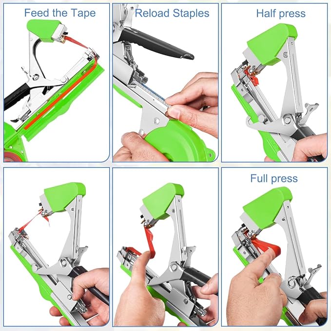 FUNTECK Plant Tying Machine to Tie Tomatoes Peppers and Cucumbers Quickly and Easily, Great for Gardeners Farmers, Including Spare Parts, Tapes and Staples, Green