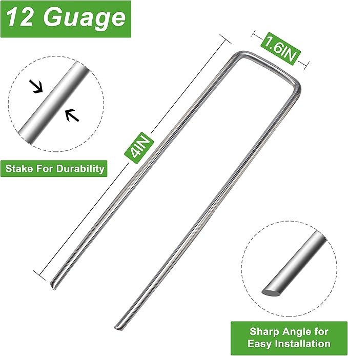 Landscape Staples 4 Inch 50Pcs 12 Gauge Garden Stakes, Heavy Duty Galvanized Garden Staple for Fences, Lawns, Weed Barriers, and Landscape Fabrics, Netting, Irrigation Hose, Floor Mats