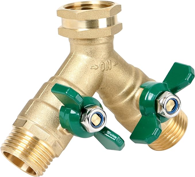 STYDDI Garden Hose Splitter Full Flow, Brass Heavy Duty Hose Splitter 2-Way High Flow, All Metal Hose Y Splitter with Shutoff, Outdoor Faucet Splitter Hose Connector, Water Hose Y Valve Tap Adapter