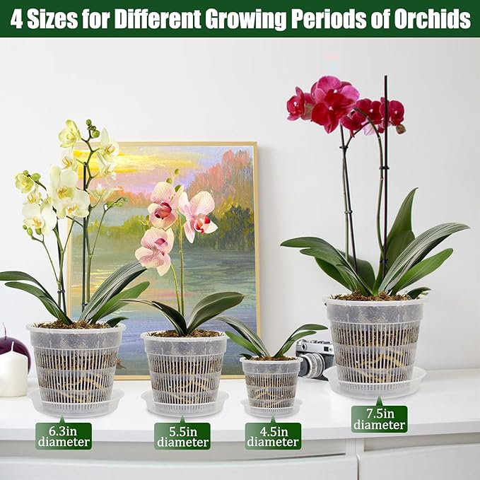 12Pcs Orchid Pot, 3 Each of 4.5, 5.5, 6.3 and 7.5 Inch Orchid Pots with Holes and Saucers, Clear Orchid Pots for Repotting, Plastic Plant Pot(3 Each of 4.5,5.5, 6.3,7.5in with Saucers)