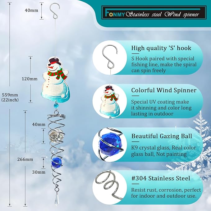 FONMY Snowman Gazing Ball Spiral Decorative Wind Spinner Sun Catcher Rainbow Maker Silver Spiral W/ K9 Crystal Ball Christmas Tree Hanging Ornament Indoor Outdoor Garden Decor. -22 inch H