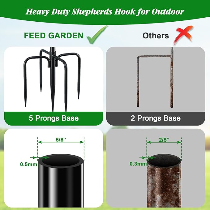 FEED GARDEN Short Shepherds Hooks for Outdoor, 48 Inch Bird Feeder Pole with 5 Prongs Base, Heavy Duty Shepherds Hook Garden Hook for Hummingbird Feeder, Hanging Lantern, Plant Baskets,1 Pack