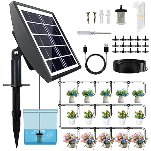 Smart Solar Drip Irrigation Kit - Easy DIY Watering for 15 Potted Plants. Solar-Powered, 6 Timing Modes, Anti-Siphoning Device for Stress-Free Irrigation