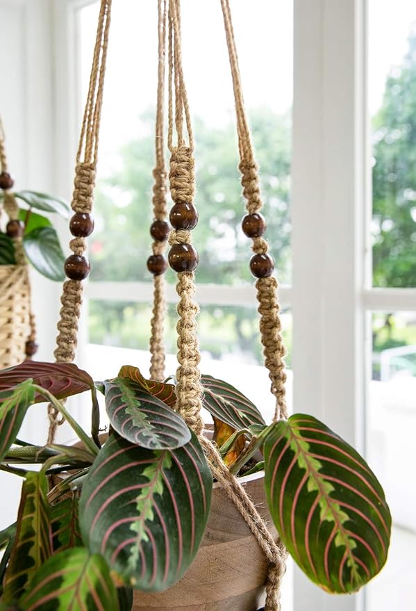 Mkono Macrame Plant Hanger Indoor Jute Hanging Planter Basket with Wood Beads Decorative Flower Pot Holder No Tassels for Indoor Outdoor Boho Home Decor 35 Inch, Brown, Set of 1 (POTS NOT Included)