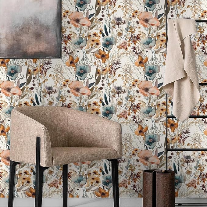 Boho Light Brown Flowers Teal Blue Floral Leaf Plants Vintage Watercolor Peel and Stick Wallpaper Self Adhesive Removable Easy Peel Off Stick on Wall Paper for Bedroom Cabinet Renter