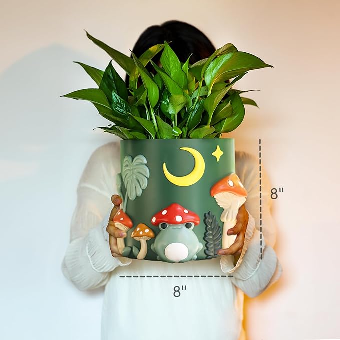GUGUGO 8 Inch Colorful Frog Garden Planters Cute Unique Rainbow Planter with Drainage, Vintage Retro Mushroom Flower Plant pots for Indoor Plants, Eclectic Succulent Gardening Pot for Home Décor-A