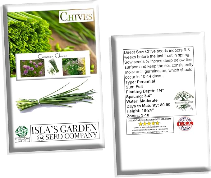 Common Chives Seeds for Planting, 1000+ Heirloom Seeds Per Packet, (Isla's Garden Seeds), Non GMO Seeds, Botanical Name: Allium tuberosum, Great Herb Garden Gift