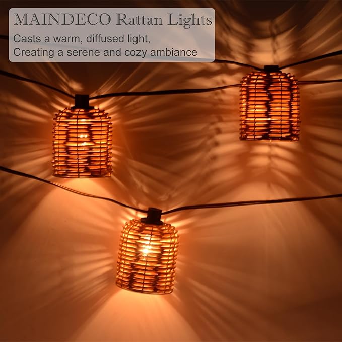 Natural Rattan String Lights, 10 Rustic Raffia Cage,10 Ft Plug in & Connectable Wicker Lights, Rustic Farmhouse Style for Room,Garden,Deck,Patio Decorations, Natural Color Rattan
