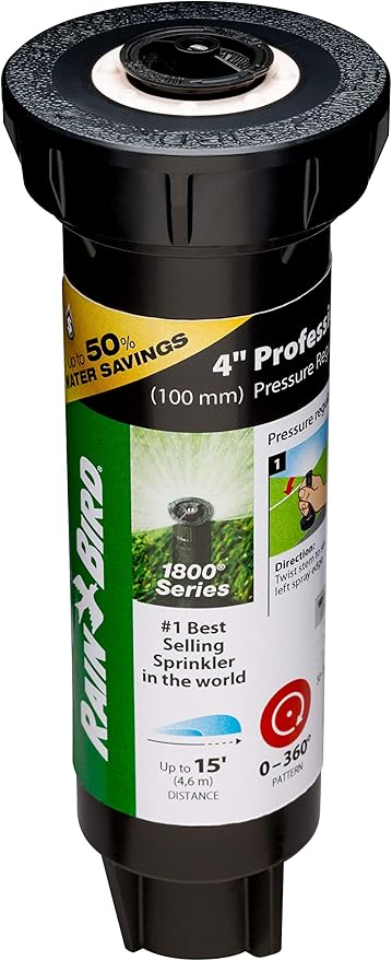 Rain Bird 1804APPR25 Pressure Regulating (PRS) Professional Pop-Up Sprinkler, Adjustable 0° to 360° Pattern, 8' - 15' Spray Distance, 4" Pop-up Height
