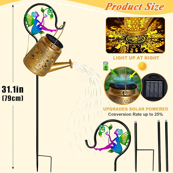 Solar Watering Can Lights Outdoor Garden Decor, Large Fairy Hanging Lantern with Shepherd Hook, Waterproof Garden Lights for Outdoor Landscape Pathway Yard, Garden Gift for Mom Grandma