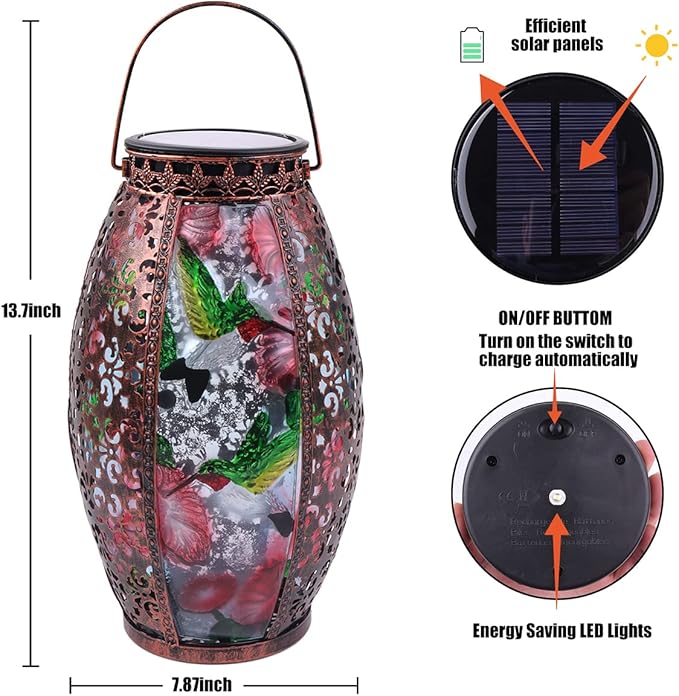 Solar Lanterns Outdoor Light - Solar Powered LED Hummingbird Glass Lights Decorative Waterproof Tabletop Lamp with Hollowed-Out Design for Indoor Yard Table Patio Garden Pathway Holiday
