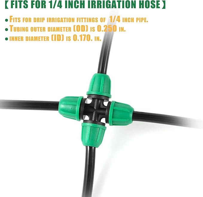 1/4 inch Drip Irrigation Fittings, Lock Barbed 4 Way Couplings for ¼ in. tubing; Tubing Outside Diameter (OD) is 0.250 in., Internal Diameter (ID) is 0.170. in.(20Pcs/Pack)(Green-4-Way)